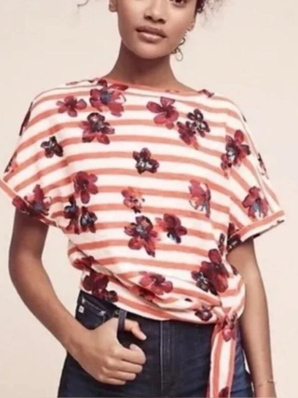 Anthropologie Postmark Striped Floral Tie Waist Top, Size Medium
